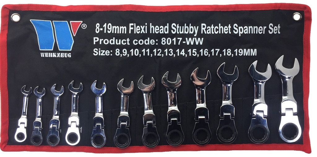 Set extra korte ratelringsteeksleutels met flexibele kop 8-19mm