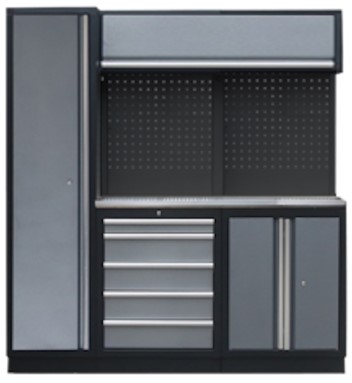 Meuble  plan en inox 196 x 46 x H 200 cm panneaux noirs