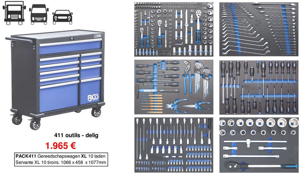 Gereedschapwagen 10 laden - 411 delig