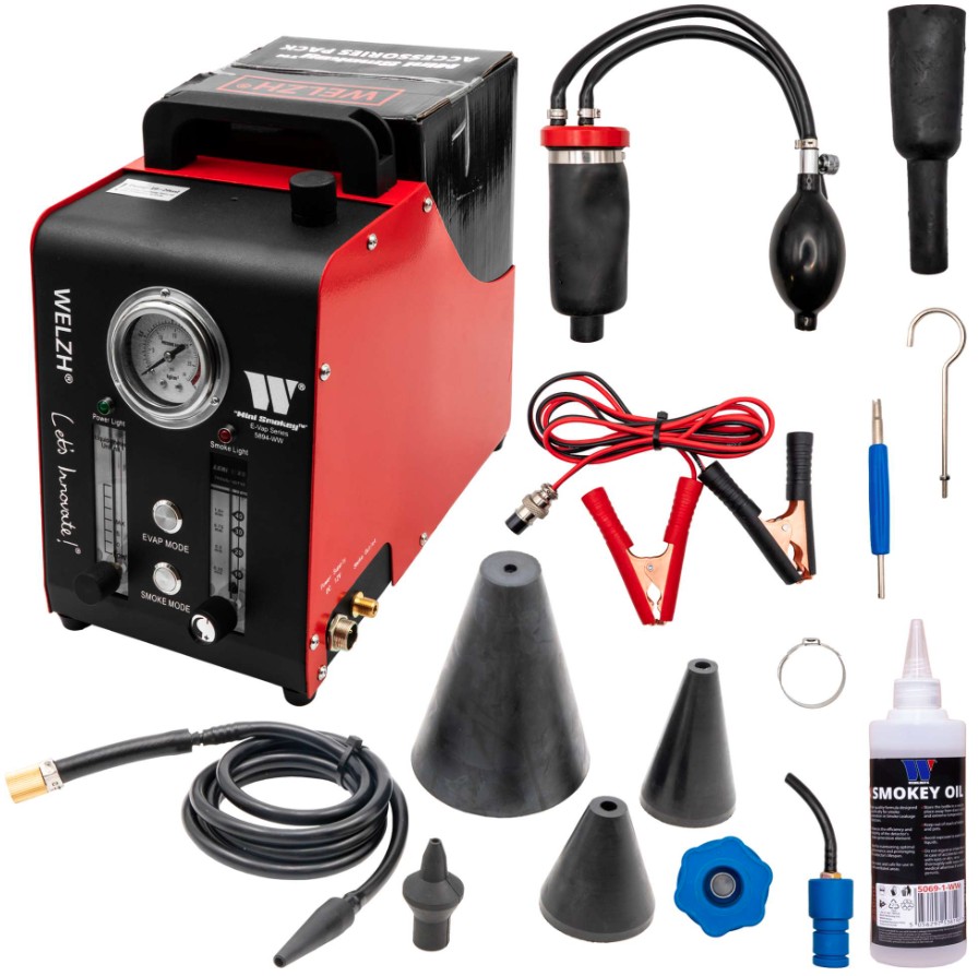 Rookmachine. Diagnose apparaat om snel en gemakkelijk lekkages in diverse systemen te detecteren door middel van rook te produceren of druk.