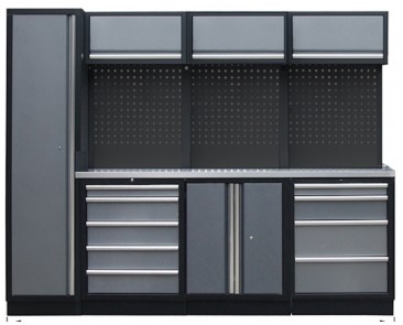 [SP41105B-S] Meuble plan en Inox 264 x 46 x H 200 cm panneaux noirs