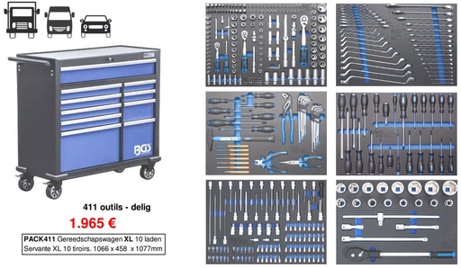 [PACK411] Gereedschapwagen 10 laden - 411 delig